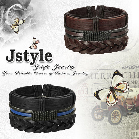 Jstyle 12Pcs Braided Leather Bracelet for Men Women Cuff Wrap Bracelet Adjustable Black and Brown (A:12Pcs)...