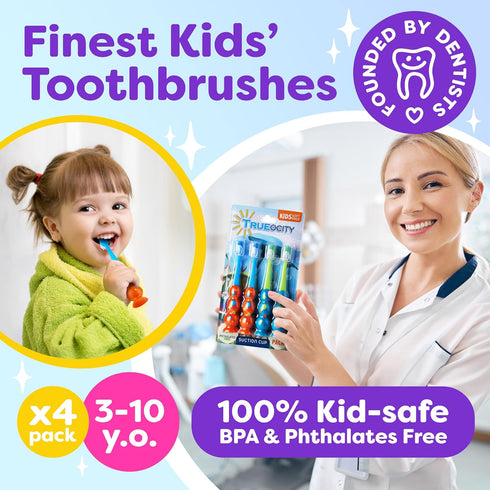 Kids Toothbrush 4 Pack - Soft Contoured Bristles - Child Sized Brush Heads (3-10 Year Old) - Suction Cup for Fun & Easy Storage - Girl & Boy Set (...