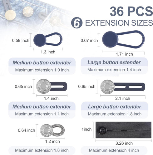 36 Pcs No-Sew Button Extenders for Jeans, Adjustable Pants Button Extender, Invisible Waistband Extenders with Fabric Belts and Zinc Alloy Buttons...