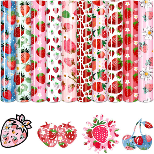 Tintnut Strawberry HTV Heat Transfer Vinyl - 10 Sheets 12 x 10 Inches Patterned HTV Vinyl for T-Shirts Red and Green HTV Iron on Vinyl for Fabrics...