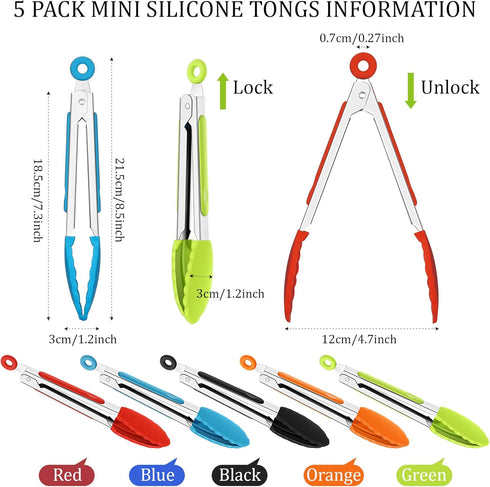 Mudder 5 Pcs Mini Silicone Tongs 7 Inch Small Serving Kitchen Tongs with Silicone Tips Christmas Party Supplies for Salad, Grilling, Frying and Co...