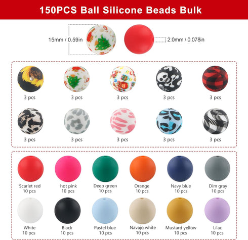 150pcs Silicone Beads, 15mm Silicone Beads, Silicone Beads for Keychain Making?Silicone Beads 15mm Bracelet Making Kit and Loose Round Silicone Be...