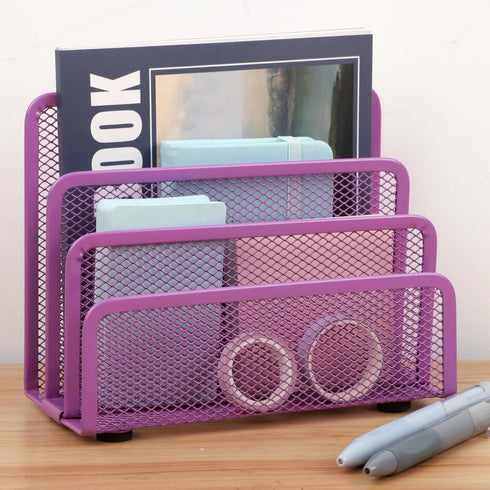 EASEPRES Desk Mail Organizer, Purple 2 Pack Office Small Letter Sorter Desktop File Organizer Metal Mesh with 3 Vertical Upright Compartments...