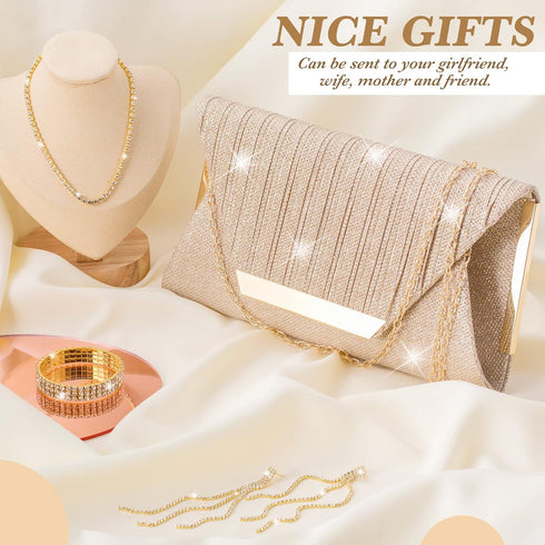4 Pieces Women Rhinestone Evening Clutch Bag Ear Clip Bridal Wedding Choker Bracelet Dangle Bling Glitter Purse for Party (Golden)...