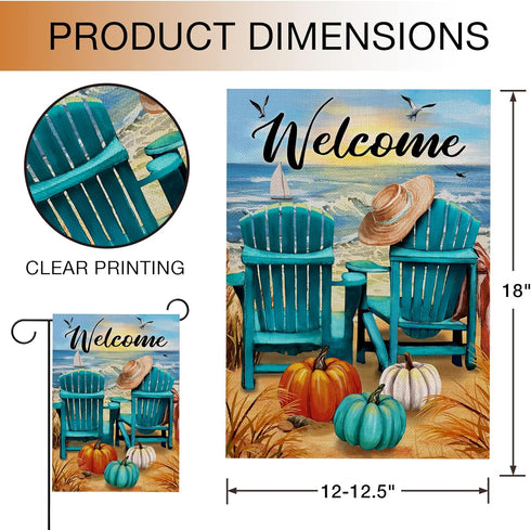 Welcome Fall Sea Pumpkin Garden Flag Double Sided, Autumn Beach Ocean Chairs Coastal Decorative Yard Outdoor Home Small Decor, Seagull Sailboat Na...