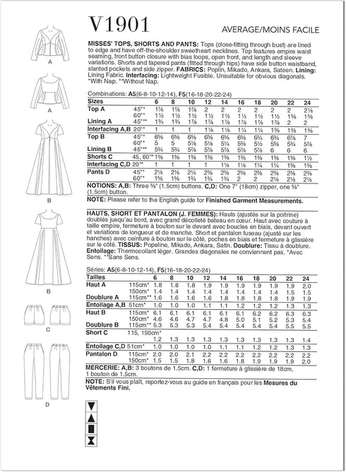 Vogue Misses' Tops, Shorts and Pants Sewing Pattern Kit, Design Code V1901, Sizes 6-8-10-12-14...