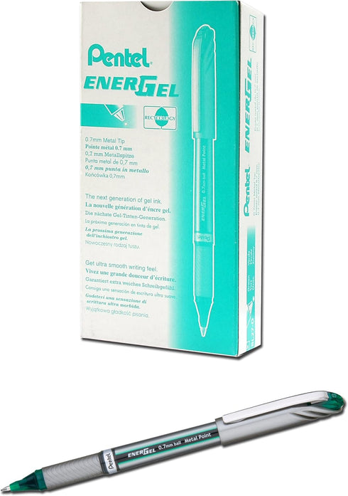 Pentel EnerGel NV Gel Ink Pen, (0.7mm), Medium Point Capped, Metal Tip, Green Ink, Box of 12 (BL27-D)...