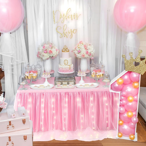 leegleri Pink Tulle Table Skirt for Baby Shower,6FT Pink Ruffle Tutu Table Skirt with LED Light for Princess Girls Birthday Party Cake Dessert Tab...