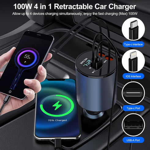 Retractable Car Charger 4 in 1 Fast Charge USB C Car Charger Adapter with Retractable Cord Cable 100W, Car Phone Charger for iPhone 15 Pro Max Plu...
