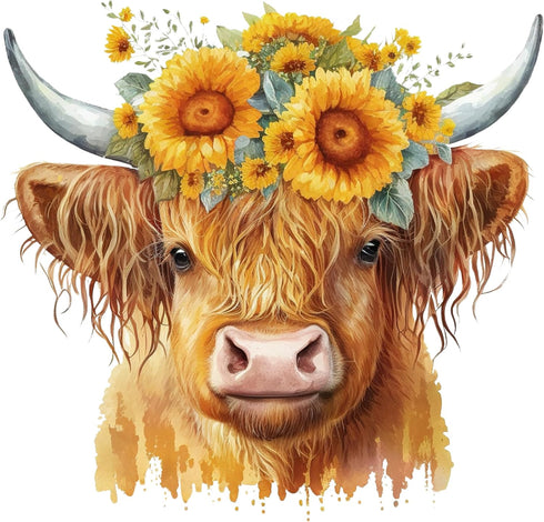 Fabric Panel 14"x14" Sunflower Highland Cow 100% Cotton Quilting Panel Square B42...