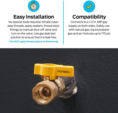 Eastman 1/2 Inch FIP Gas Ball Valve, Brass Connectors and Fittings for Natural Gas and Liquid Propane, 60009B...