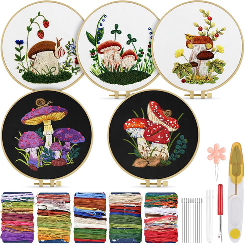 TINDTOP Embroidery Kit for Adult for Beginners, 5 Sets Mushroom Embroidery Kit for Beginners Include Embroidery Cloth Hoops Threads for Craft Love...