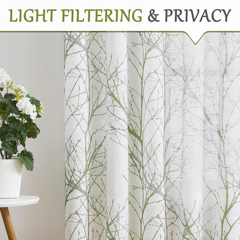 FMFUNCTEX Linen Semi Sheer Curtains for Bedroom, Sage Green White Curtains 54 Inches Long for Living Room, Grey Tree Branch Print Curtain Light Fi...