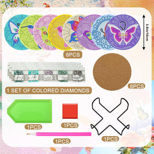 UPINS DIY Kit, Diamond Art Painting Coasters with Holder, 8 Pcs Hummingbird Butterfly Coaster Craft Supplies for Adults Kids Beginners...