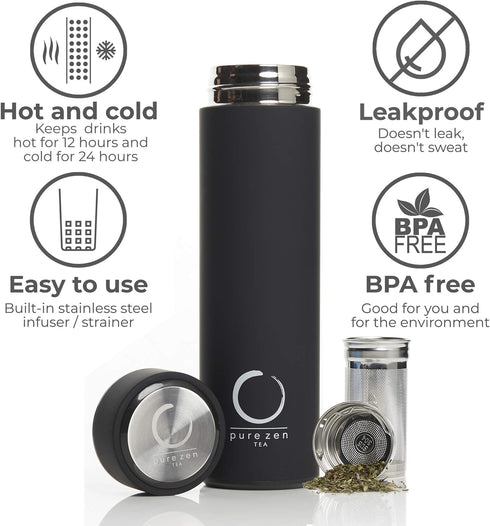Pure Zen Tea Thermos with Infuser for Hot and Cold Infusions, Coffee and Fruit-Infused Water - Stainless Steel - Tea Infuser Bottle - Leakproof Tr...