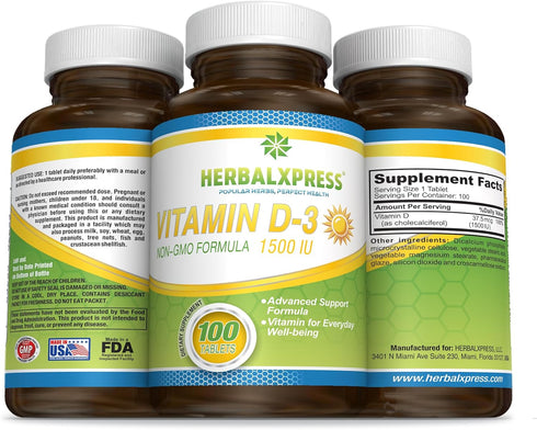 Herbalxpress Vitamin D (as cholecalciferol) 1,500 IU (100 Tablets) is The Perfect Addition to a Healthy Lifestyle, Bones, Teeth, Muscles, Immune F...