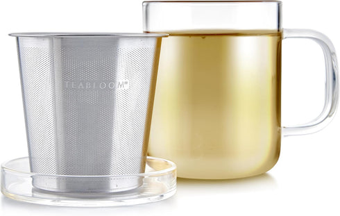 Teabloom Premium Borosilicate Glass Mug with Stainless Steel Loose Leaf Tea Infuser and Lid/Dish - 8 Ounces (240 mL)...