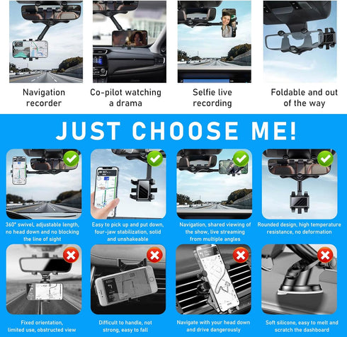 Rear View Mirror Phone Holder, 360° Rotatable and Retractable Phone Mount for Car, Anti-Shake Cell Phone Holder for Auto Fit All Mobiles, Universa...