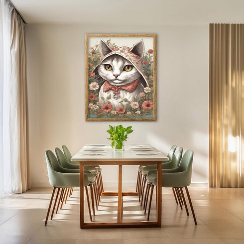 Posterizer 1 pcs- Cute white cat with white clothes on in between flowers-Art for Animal Lovers-Floral Botanical Art- Gift for Men Women -Living R...