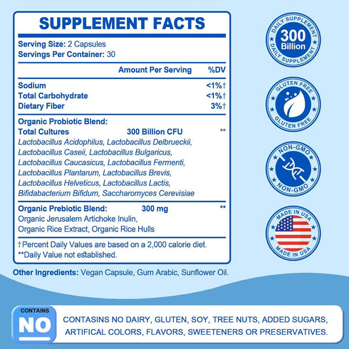 Probiotic 300 Billion CFU - 12 Strains Probiotics with Organic Prebiotics for Digestive & Gut, Immune, Bloating Health - Probiotics for Women and ...
