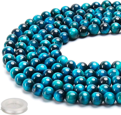 70PCS Natural 8MM Healing Gemstone, Blue Tiger’s Eye Energy Stone Round Loose Beads, Semi-Precious Crystal Beads with Free Elastic String for Jewe...