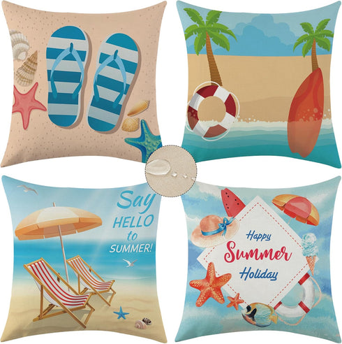 Set of 4 Summer Beach Throw Pillow Covers 18x18 Starfish Palm Tree Seaside Scenery Decorative Pillowcase Outdoor Waterproof Cushion Cases for Couc...