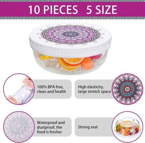 Patelai 10 Pieces Bowl Covers Reusable in 5 Size Stretch Cloth Fabric Bowl Covers Elastic Food Storage Covers Cotton Bread Bowl Covers Reusable Li...