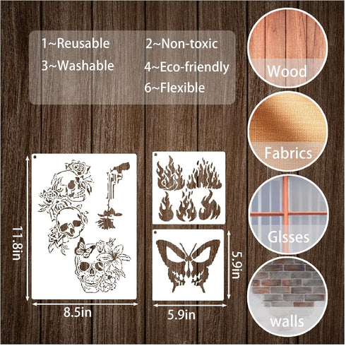 14 Pieces Skull Stencils Reusable, Scary Skeleton Stencils Fire Template Skull Flame Stencils Stencils for Painting on Wood, Wall, Canvas, Scrapbo...