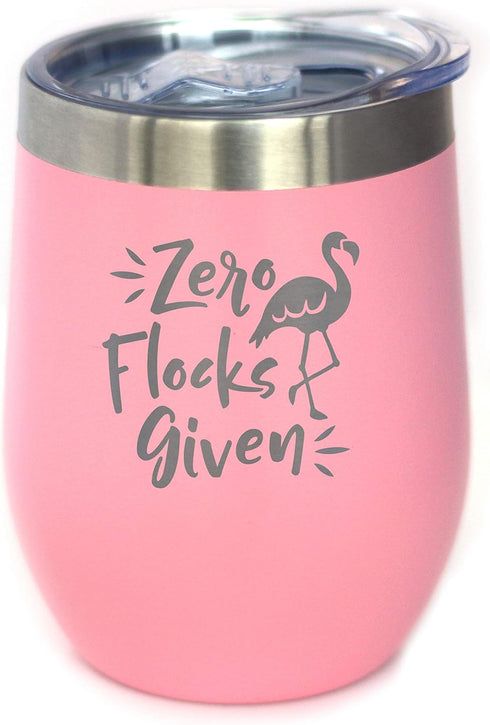 Zero Flocks Given - Flamingo Wine Tumbler with Sliding Lid - Stemless Stainless Steel Insulated Cup - Cute Funny Outdoor Camping Mug - Pink...