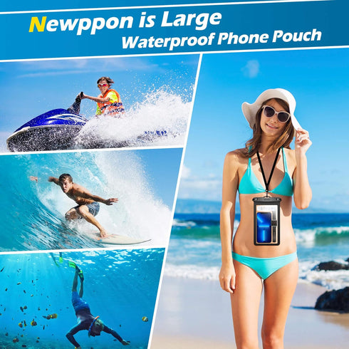 newppon Large Waterproof Phone Pouch : 2 Pack Underwater Clear Cellphone Holder - Universal Water Resistant Dry Bag Case with Neck Lanyard for iPh...