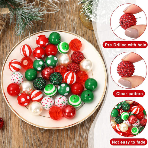 Whaline 60Pcs Christmas Bubblegum Beads 20mm Bulk Mixed Christmas Chunky Beads Red Green Acrylic Spacer Beads Xmas Gumball Loose Beads Kit for Chr...
