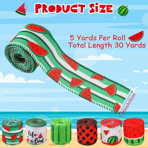 6 Roll 30 Yard Watermelon Wired Edge Ribbon Summer Wired Ribbon Watermelon Print Ribbons DIY Stripe Burlap Fruit Ribbon Roll Gift Wrapping Ribbon ...