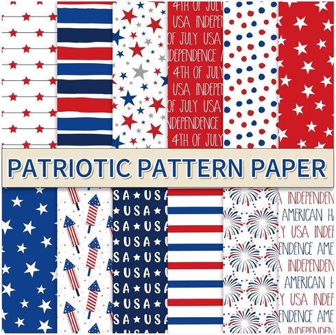Whaline 60 Sheets Patriotic Pattern Paper Star Stripe Fireworks Scrapbook Specialty Paper 4th of July Double Sided Craft Paper For Independence Da...