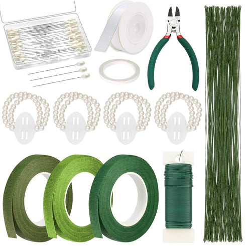 PAXCOO Floral Tape and Floral Wire Arrangement Tool Kit with Green Floral Tape, Floral Wire, Boutonniere Flower pin, Wire Cutter, White Ribbon and...