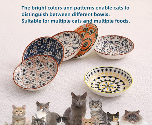 Cat Food Bowls Whisker Fatigue Cat Bowl 5.5 Inches Ceramic Cat Bowl Set of 6 Small Cat Dishes for Indoor Cats Shallow Cat Plates for Wet Food Cute...