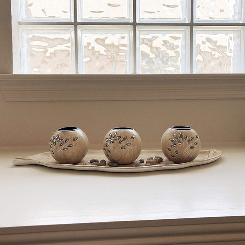 allgala Wooden Candle Holder Tray 3 Ball Orbs Set Tealight Candle Holder Centerpiece with Pebbles on Leaf Tray for Coffee Table Dining Table Accen...