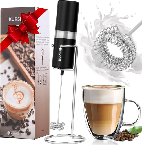 Powerful Milk Frother Handheld Battery Operated, Double Whisk Foam Frother Maker with Stainless Steel Stand, Drink Mixer For Coffee, Lattes, Match...