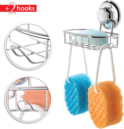 HASKO Suction Soap Dish with Hooks | Powerful Vacuum Suction Cup Soap Holder | Soap Basket Holder for Bathroom & Kitchen (Polished Stainless Steel...
