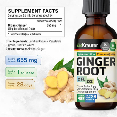 Ginger Root Tincture - Organic Ginger Root Extract - Natural Ginger Supplements for Overall Wellness - Alcohol and Sugar Free - Vegan Drops 2 Fl.O...