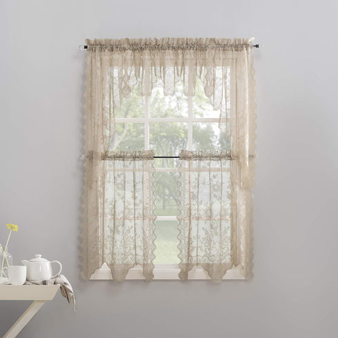 No. 918 Alison-Tr Floral Lace Sheer Rod Pocket Kitchen Curtain Tier Pair, 58" x 36", Stone...