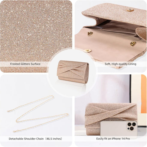 Rose Gold Clutch Purses for Women, Evening Handbags with Detachable Chain for Wedding Party, Women’s Small Sequin Champagne Clutch...