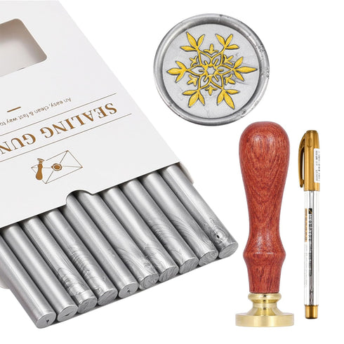 Yoption Wax Seal Kit, Snowflake Wax Seal Stamp, 10pcs Silver Glue Gun Sealing Wax Sticks and Wax Seal Pen, Great for Wedding Invitations, Christma...
