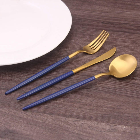 Matte Gold Silverware Set with blue handle, Bysta 5-Piece Stainless Steel Flatware Set, Kitchen Utensil Set Service for 1, Tableware Cutlery Set f...