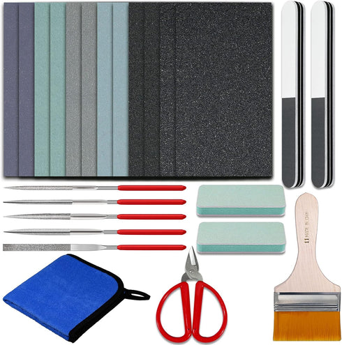 Sakolla Resin Polishing Kit - 24 PCS Resin Supplies Casting Tools Set with Sandpaper, Resin File Kit, Polishing Strips Blocks, Scissors, Wooden Br...