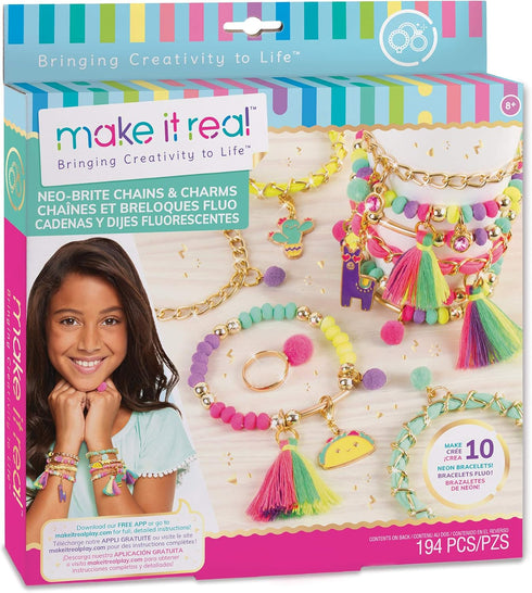 Make It Real: Neo-Brite Chains & Charms Kit - Create 10 Unique Cord & Tassel Charm Bracelets, 195 Pieces, includes Play Tray,DIY Playful Charm & J...