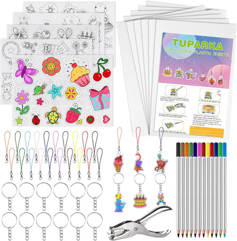TUPARKA 60 Pieces Heat Shrink Plastic Sheet Kit, Including 10 Pieces Blank Shrink Film Paper and 5 Pieces Shrink Art Paper with Pattern, Punch, Ke...
