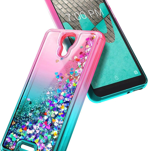 NZND Case for Cricket Icon 2 (2020) U325AC with Tempered Glass Screen Protector (Full Coverage), Glitter Liquid Floating Waterfall Girls Cute Phon...