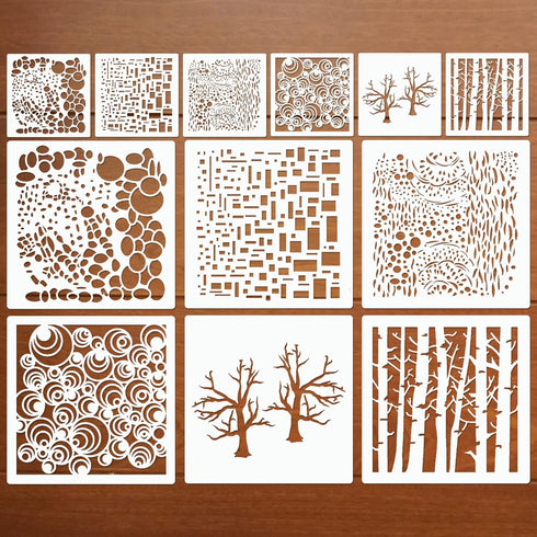12 Pcs Mixed Media Stencils Sea Bubbles Spirals Template Cell Theory Cubist Stencil Aspen Trees Branches Painting Stencils for Canvas Arts Journal...