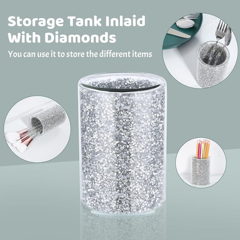 Crushed Diamond Glass Kitchen Utensil Holder Round for Countertop Flatware Utensil Organizer Home Decor Sparkly Gift (Silver)...