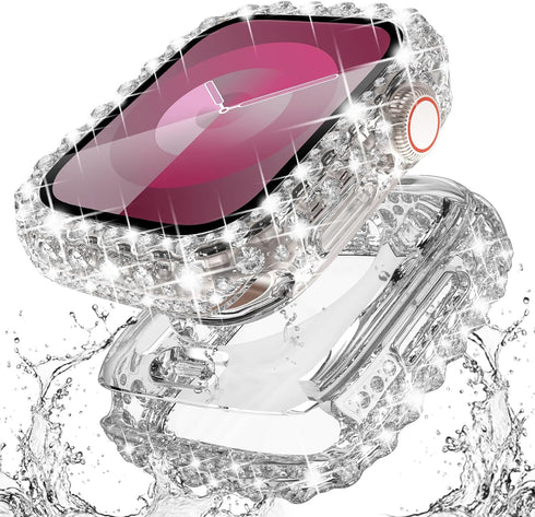 Surace 2 in 1 Waterproof Bling Case Compatible for Apple Watch Series 6 5 4 SE 44mm Screen Protector, Lace Edge Diamond Protective Bumper Face Cov...
